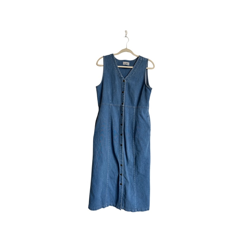 VTG LL Bean midi button down v neck blue denim dress